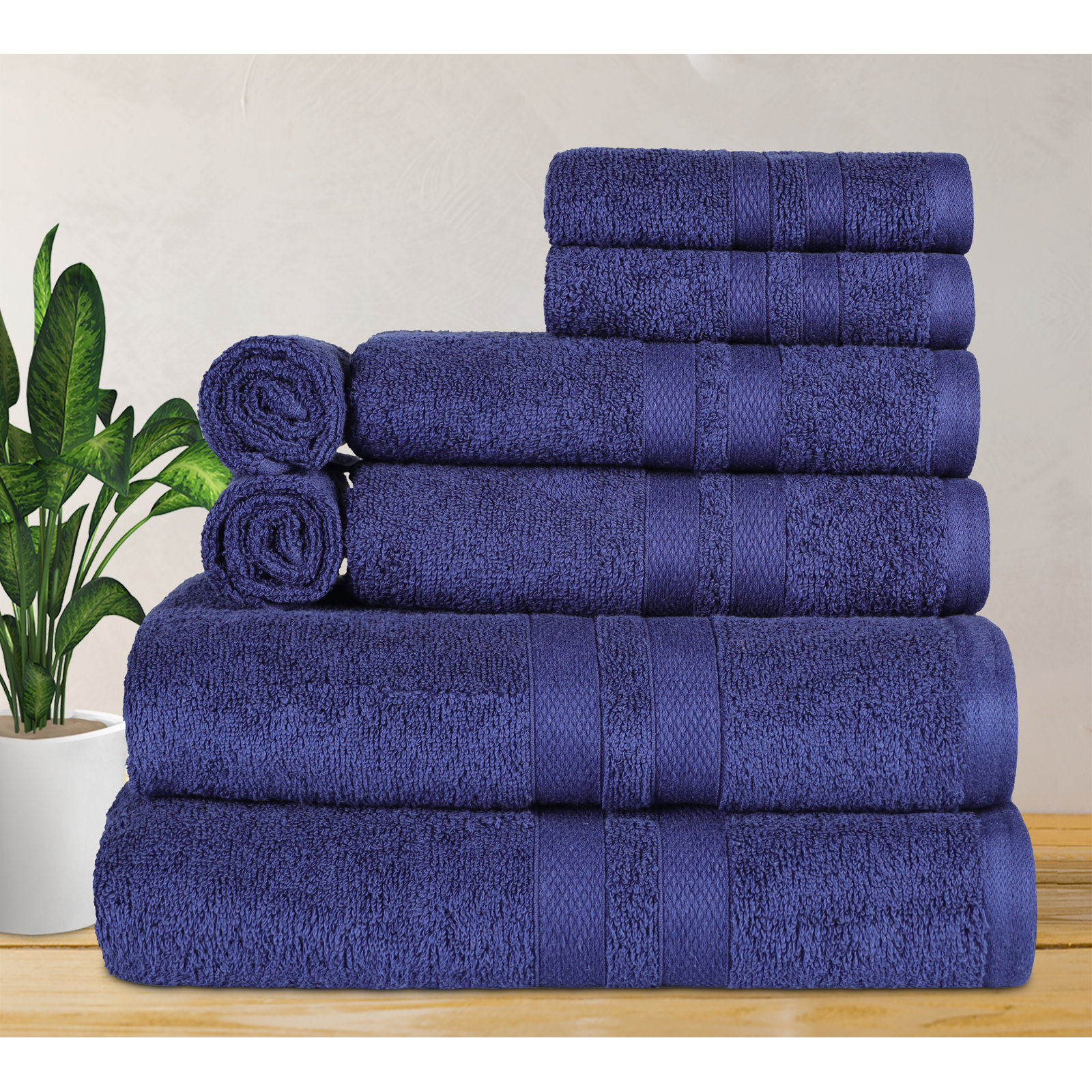 8-Piece Quick-Drying Cotton Towel Set, Navy Blue