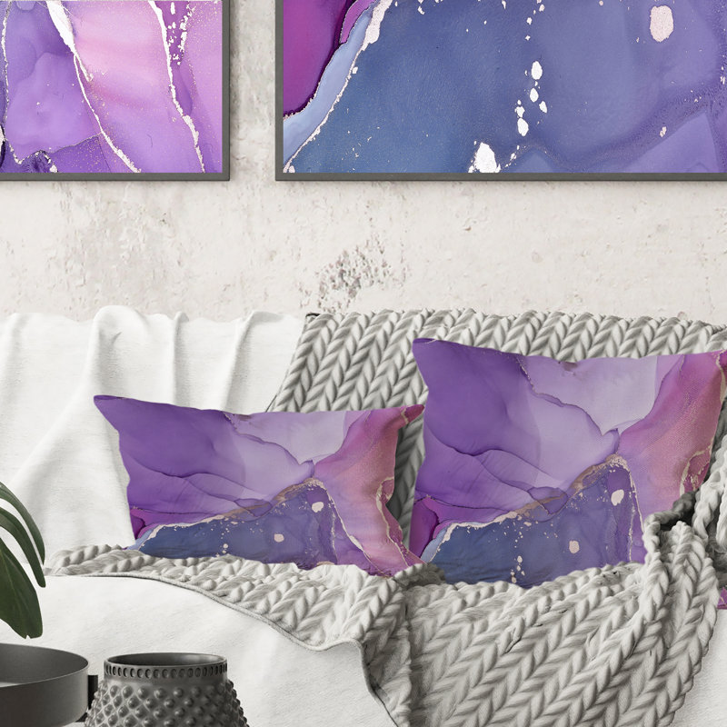 Coussin décoratif imprimé mauve et fuchia liquide mauve et bleu II, 16 po x 16 po