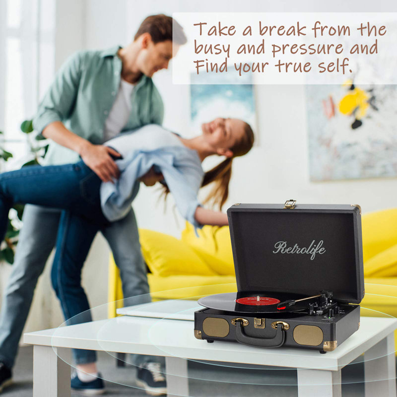 Vintage Black Portable Suitcase Record Player with Built-In Speakers
