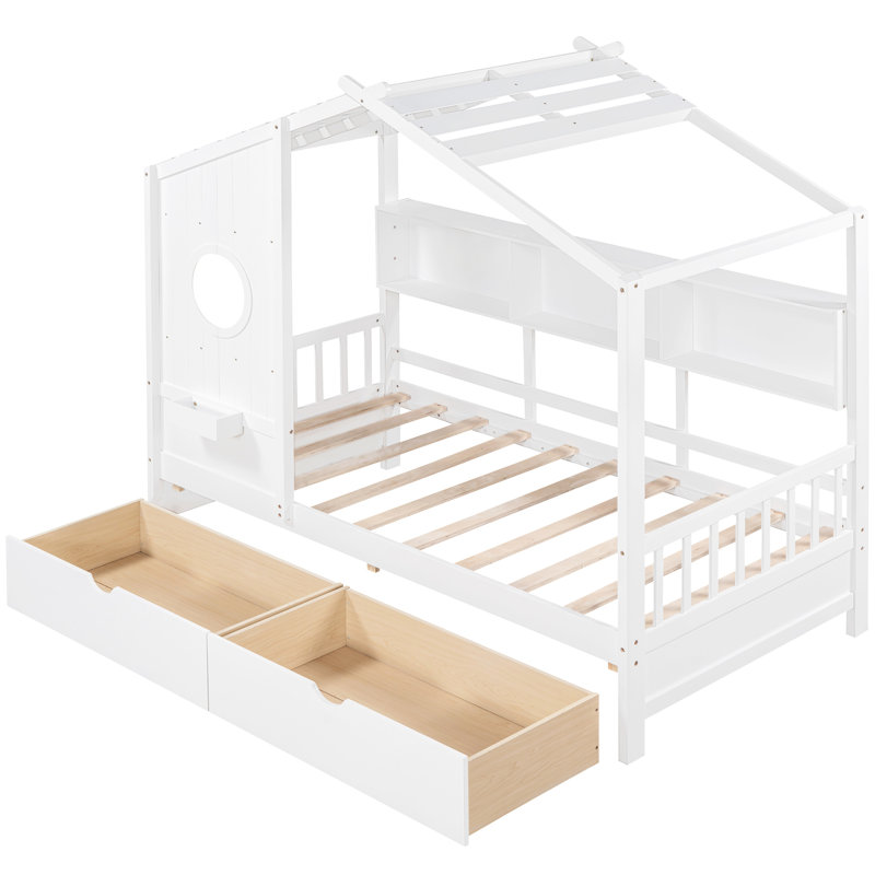 Lit simple en bois avec 2 tiroirs et tablette arrière, blanc, convient aux tiroirs de rangement blancs Rest Play