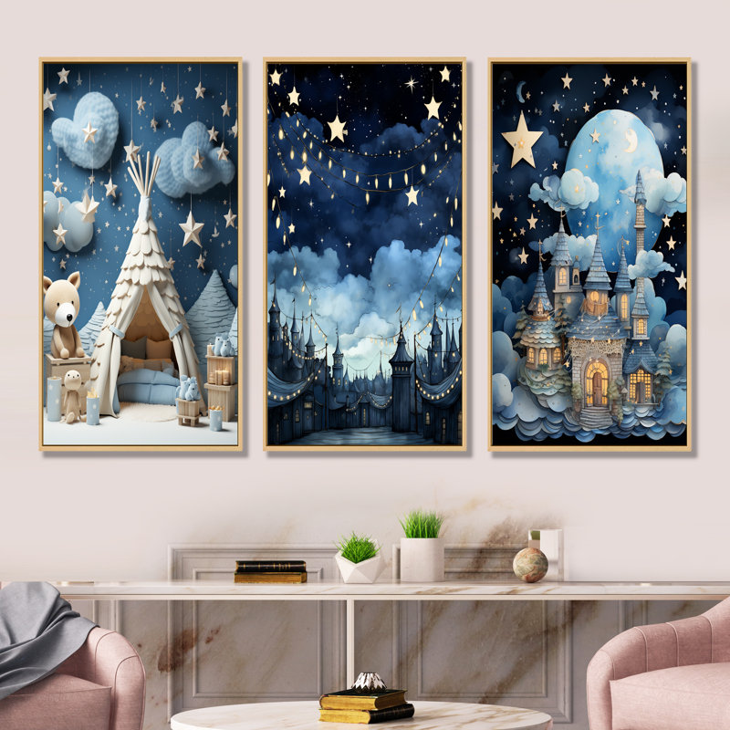 «Child Nursery Starry Night I», ensemble de 3 reproductions d'art sur toile, Cadre flottant brun, H 40 po x l 60 po