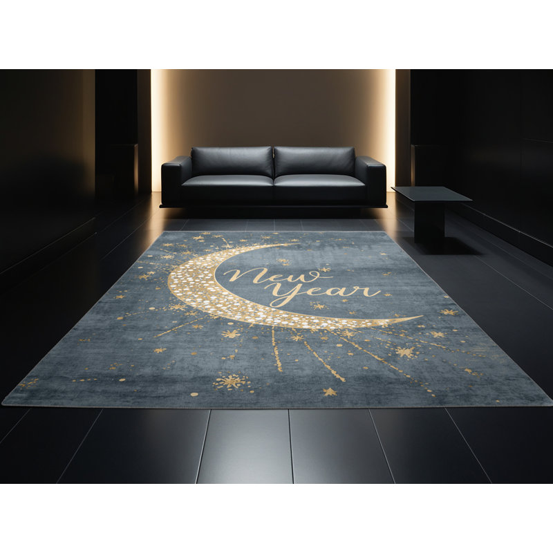Tapis noir moelleux à motif abstrait moderne et contemporain Fedele, 5 x 7