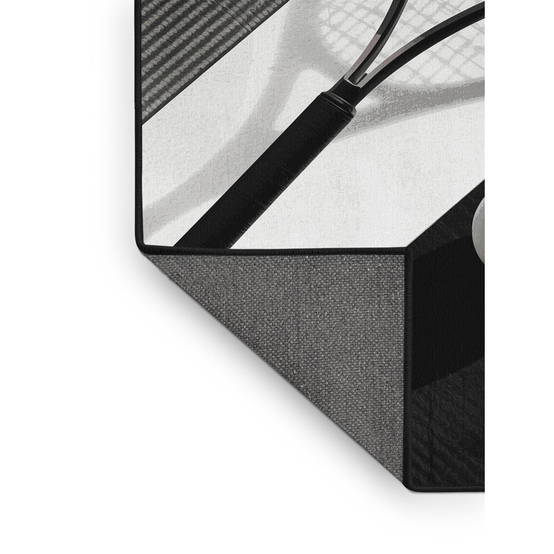 Tapis gris et noir à motif géométrique doux et moelleux de raquette de tennis Emmert, 3 X 5