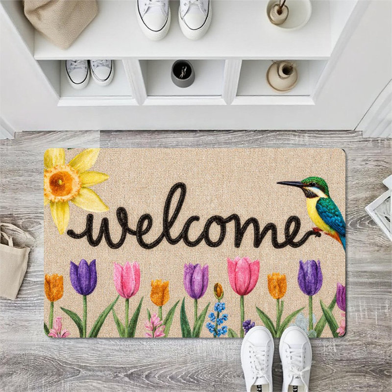 Tulips and Kingfisher Welcome Doormat for Outdoor and Indoor, 36 x 24 inch