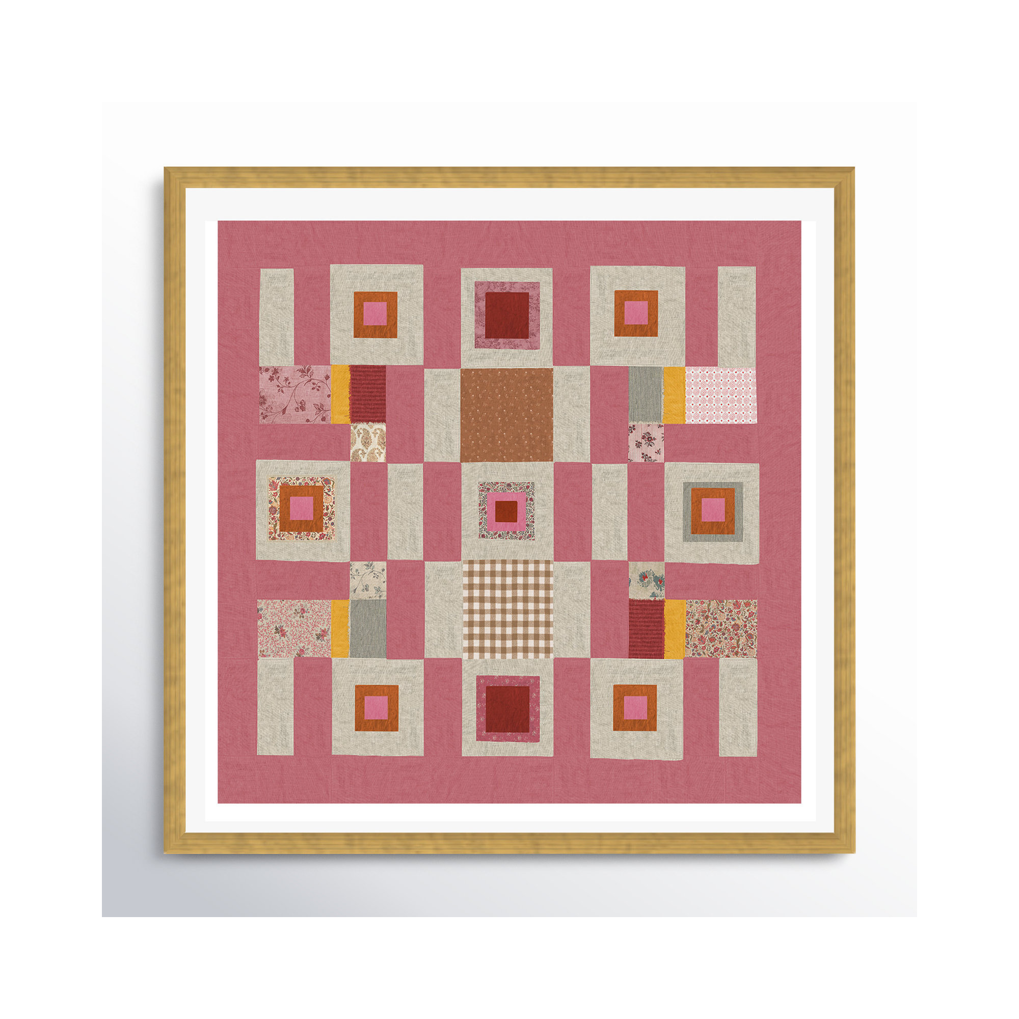 Pink Cottage Quilt, Black Framed Paper, 12" H x 12" W x 0.75" D, Yes