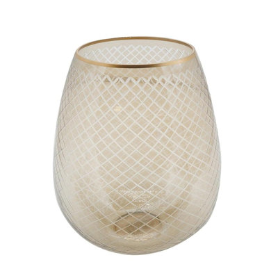 16” Brown Luster Glass Candle Holder with Diamond Pattern and Gold Rim, Mid-Century Modern Accent for Tabletop, Mantel, or Event Décor
