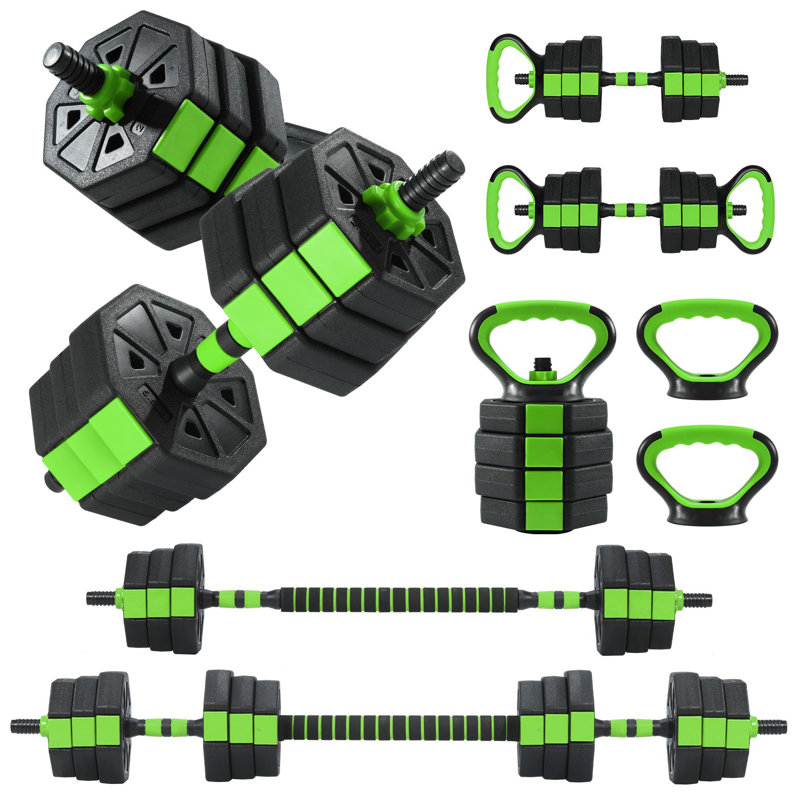 20kg 4-in-1 Adjustable Dumbbell Set, Multi-Function Weights Convertible to Barbell, Kettlebell & Push Up Stand with Non-Slip Grip for Home Gym Strength Training,Black & Green