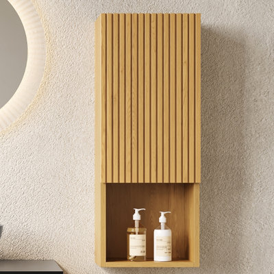 35" Tall Narrow Cabinet For Bathroom - Wall Mounted With Door & Shelves In Oak , Compact Space Option Storage Mounted, And Small Focused