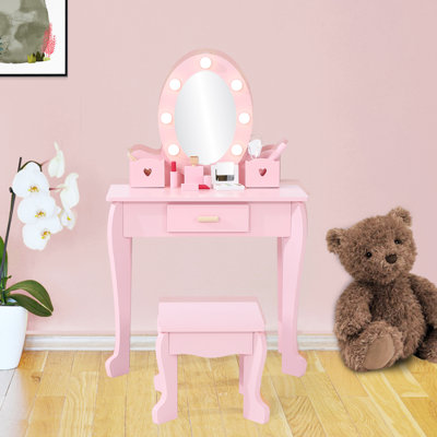 Kids Vanity Set with Mirror & Light, Makeup Table and Stool, Play Vanity by Ebern Designs