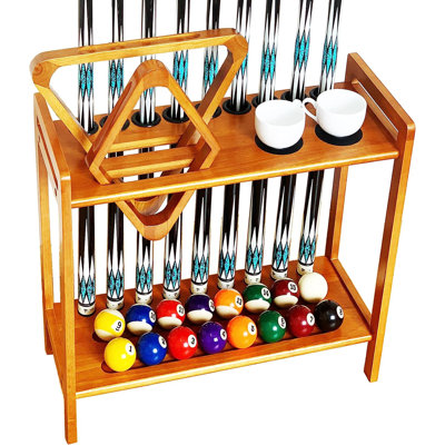 Pool Stick Holder Floor Stand Holds 9 Cues & Pool Table Accessories. Wooden 2-Tier Cue Stick Rack With Ball Rack Hangers, Cone Chalk Holder Or Drink P -  Elaine Mercure, VreB0C9PPZQXQ