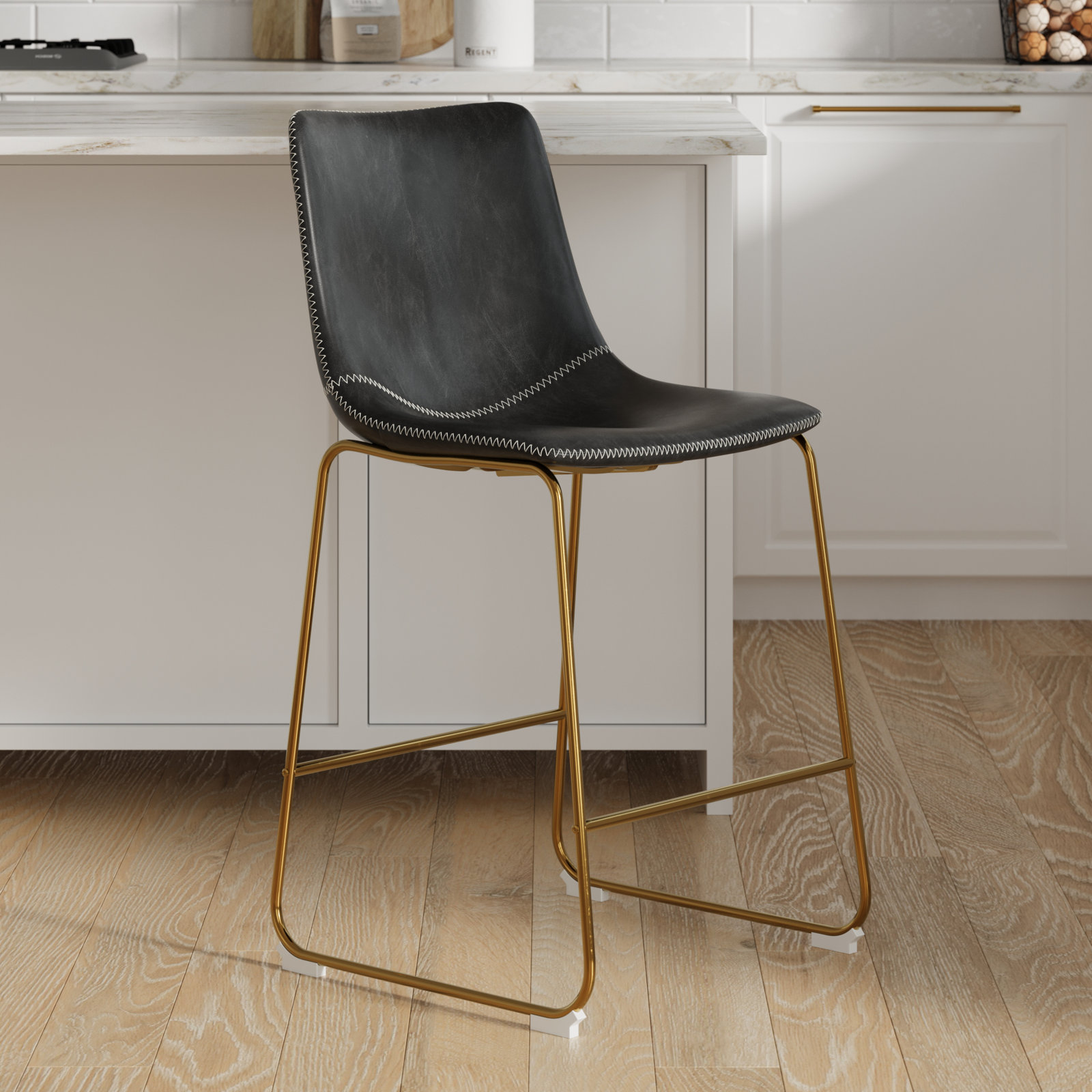 Nia Vegan Leather Bar & Counter Stool, Black, Counter Stool (24" Seat Height), Gold