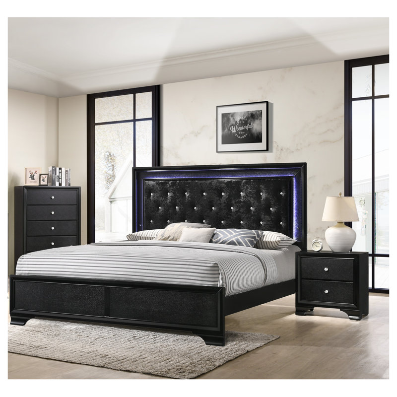 Commode 5 tiroirs Modern Glam - Commode de chambre en bois massif noir avec poignées en faux cristal et diamant, solution de rangement élégante