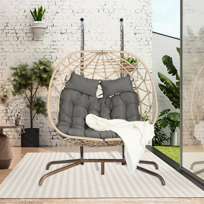 Outdoor Egg Chair: , Rustproof Iron Chair Double Person Patio Frame, Hand-Woven , Comfortable Cushion, 600 Lbs Load