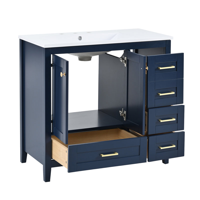 Ensemble de meuble-lavabo 36 po avec lavabo 36 po, armoire de salle de bain moderne à 4 tiroirs, ensemble de meuble-lavabo autoportant en bois avec pieds en bois massif, bleu
