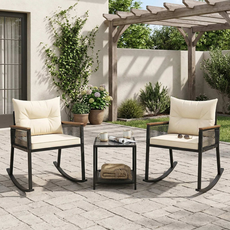 3-Piece All-Weather PE Rattan Outdoor Rocking Bistro Set, 2 Smooth Glide Padded Rocker Chairs, 1 2-Tier Storage Coffee Table