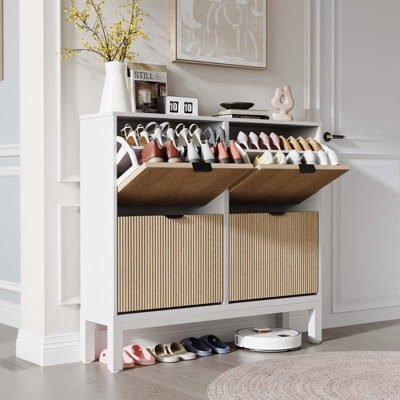 Armoire à chaussures avec 4 tiroirs rabattables, range-chaussures cannelé Farmhouse avec pieds en métal