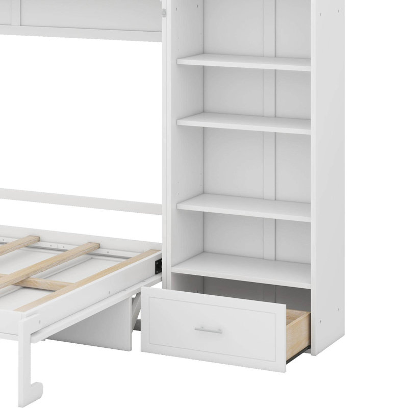 Grand lit escamotable avec compartiments de rangement et tablettes réglables en hauteur, lit escamotable avec tiroir