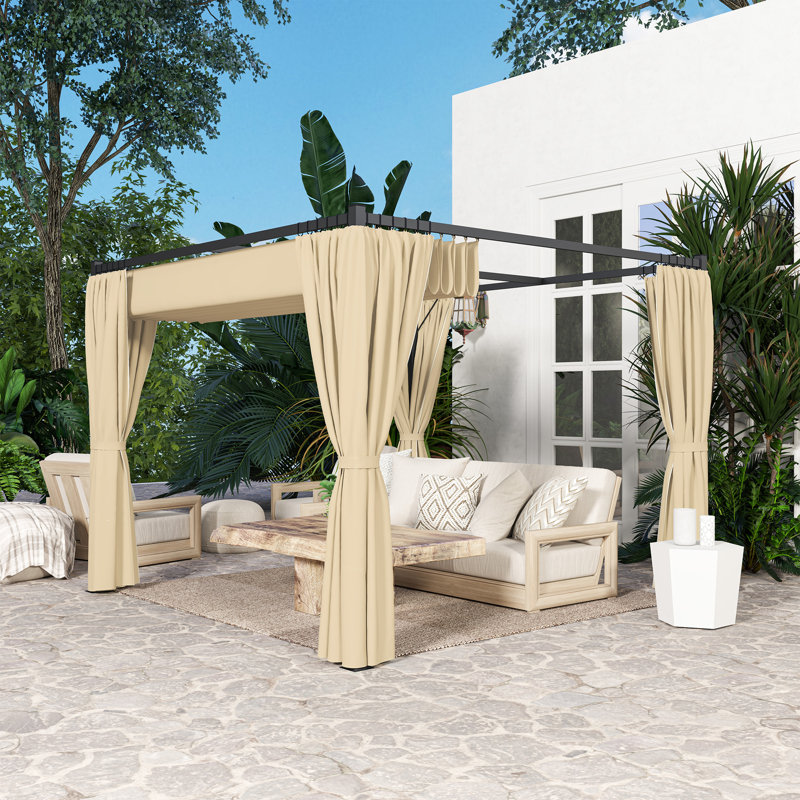 Outsunny 3 x 3(m) Pergola w/ Retractable Roof Canopy Curtains Charcoal, Khaki
