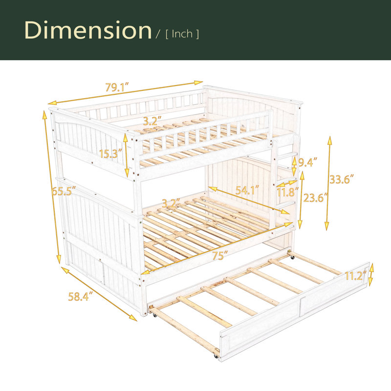 Lit superposé double au dessus d'un lit double avec lit gigogne simple, lit superposé en bois de pin avec garde-corps