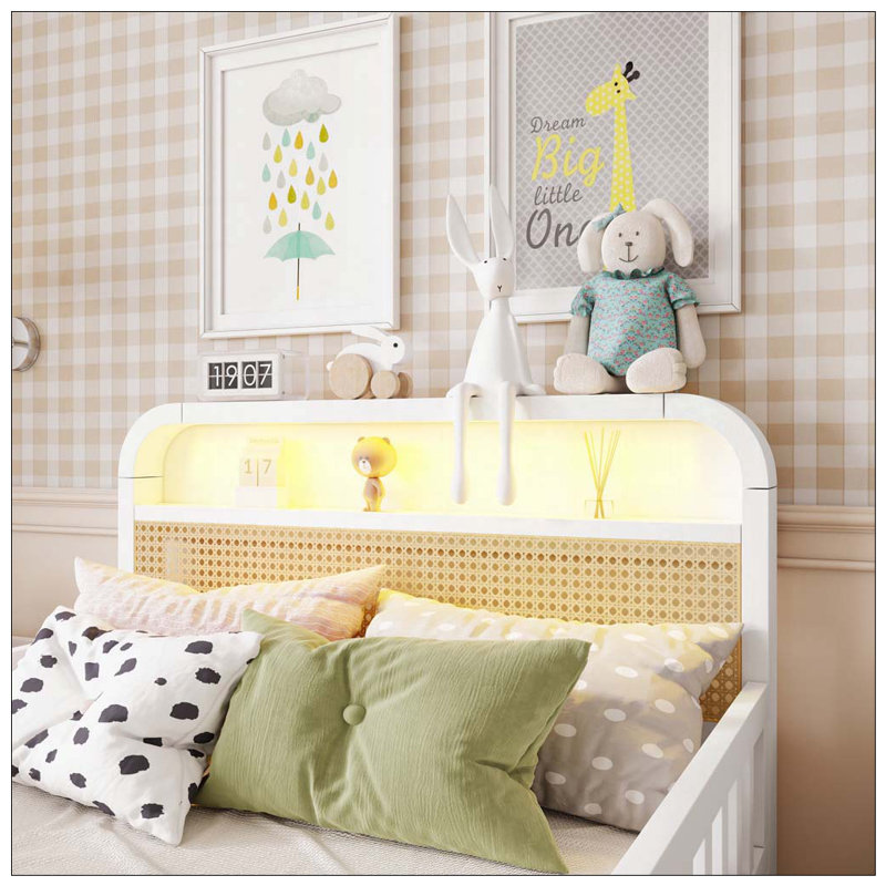 Structure de lit en rotin avec lumières DEL et tête de lit avec rangement, Lit simple, Blanc