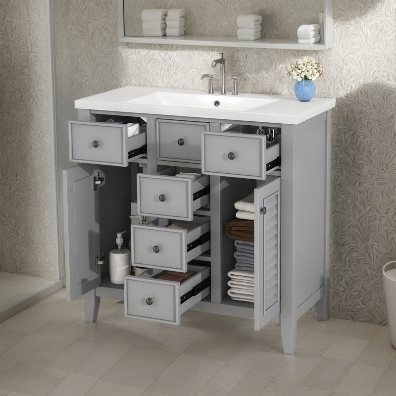 Pelaga 36" Bathroom Vanity With Ceramic Basin, Two Cabinets And Five Drawers, Solid Wood Frame