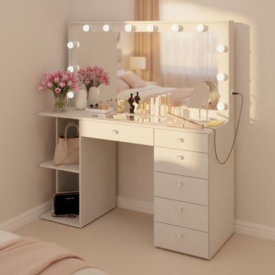 Boahaus Ava Vanity Set With Stool, Lighted Mirror, 6 Drawers, Shelves, Glass Top & Charging Station by Boahaus LLC