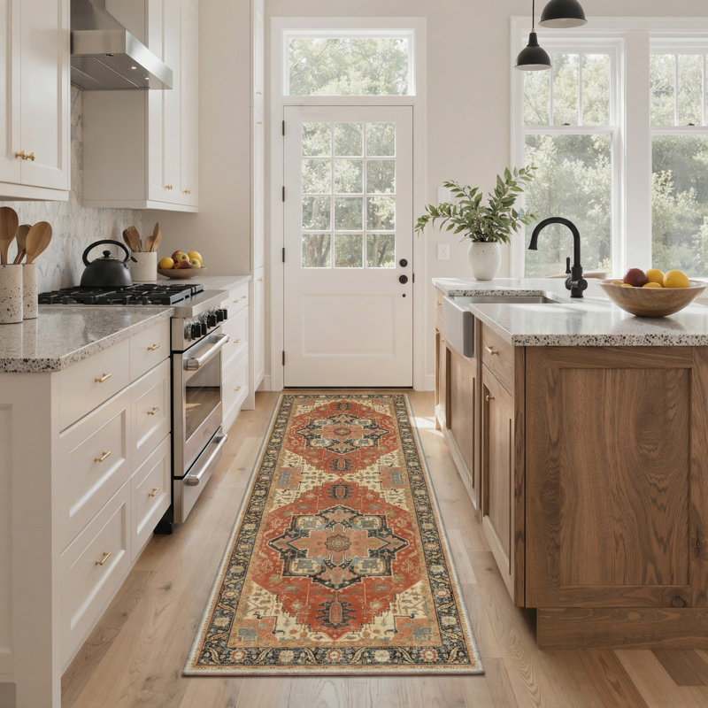 Alhambra Vintage Floral Machine Washable Terracotta / Charcoal / Beige Indoor Area Rug with Non-Slip Backing, Runner 2' x 6'