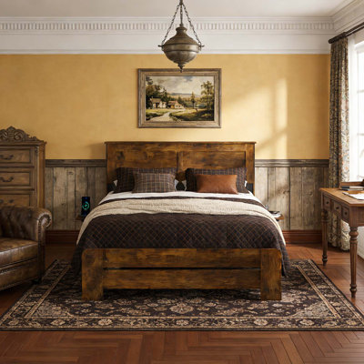 Farmhouse Platform Bed with Headboard Storage Shelf