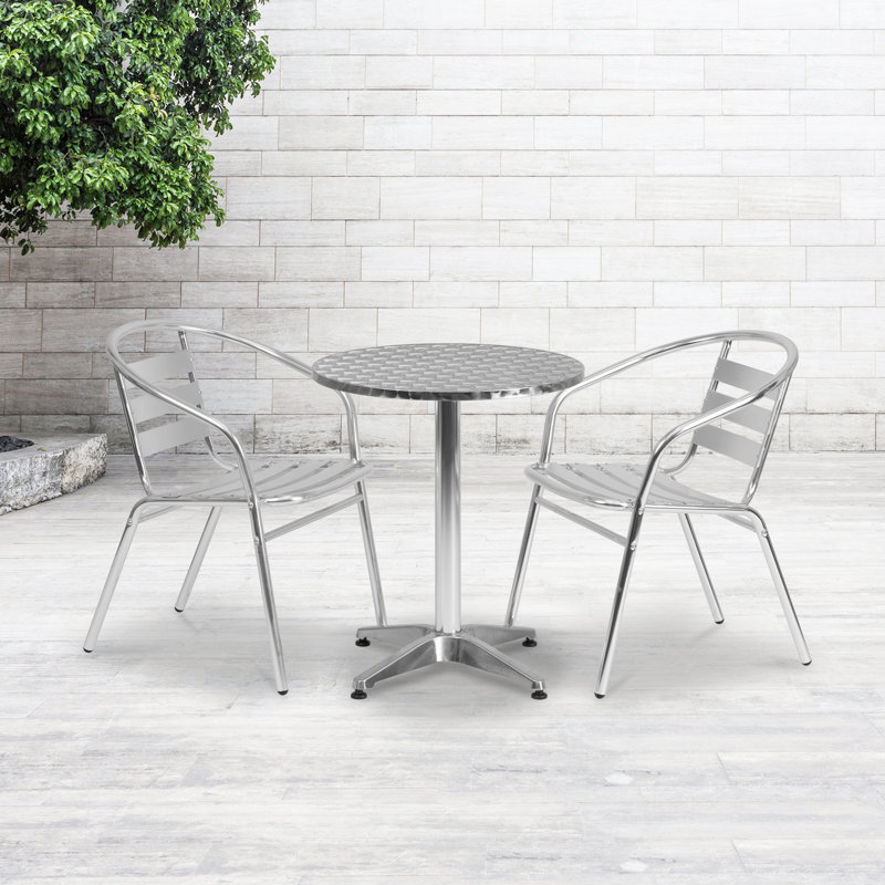 Moraal Round Aluminum Indoor-Outdoor Table Set with 2 Slat Back Chairs, 27.25" H x 23.5" W x 23.5" D, Silver