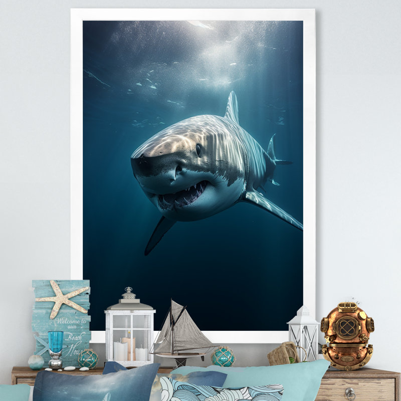 Blue Shark Apex Predator Photo I - Shark Wall Decor 119842, H 32 po x l 24 po x P 1 po, Cadre simple blanc