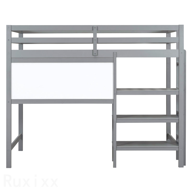 Lit mezzanine simple en bois avec tablettes, bureau et tableau d'écriture - Gris
