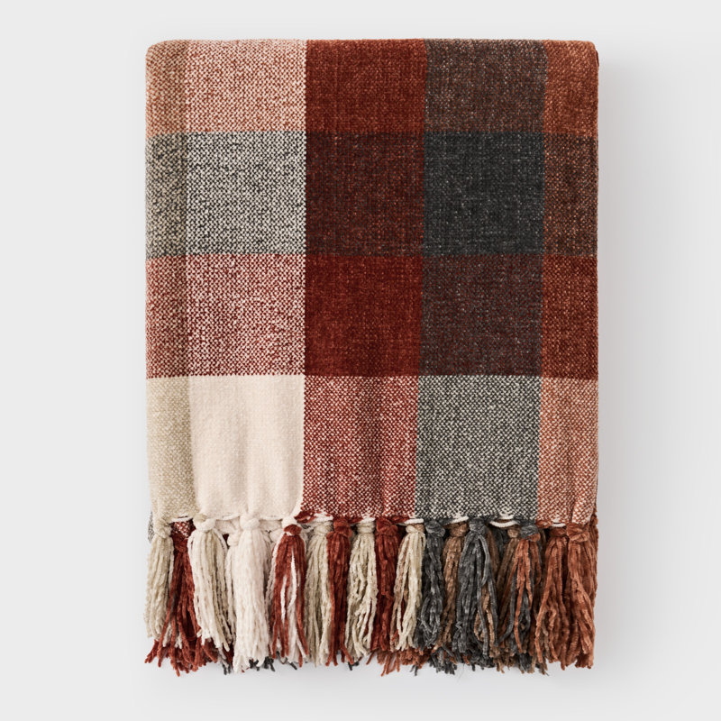 Jeté en chenille douce, L 80 po x l 60 po, Brun / orange / carreaux gris