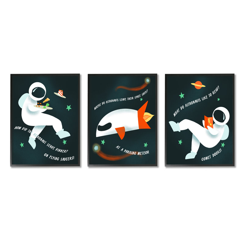 Sur des soucoupes volantes! «Space Jokes Astronaut Rocket Ship» par Daphne Polselli - ensemble de 3 impressions