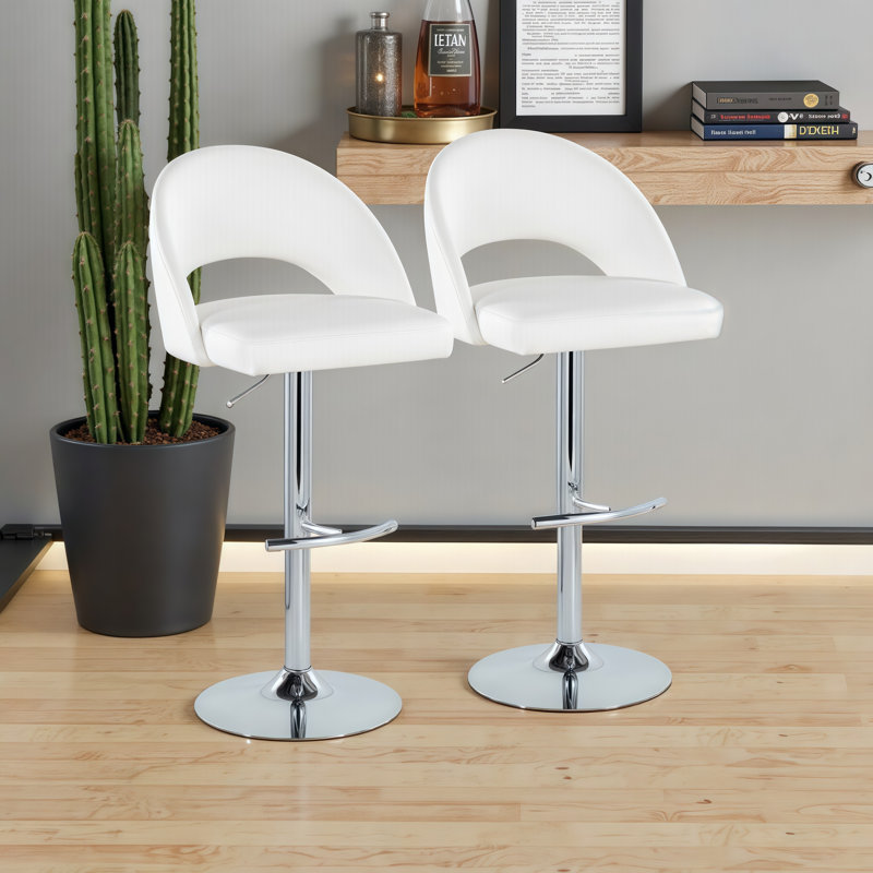 Ensemble de 2 tabourets pivotants contemporains avec hauteur réglable et repose-pieds en T, Argent, Blanc