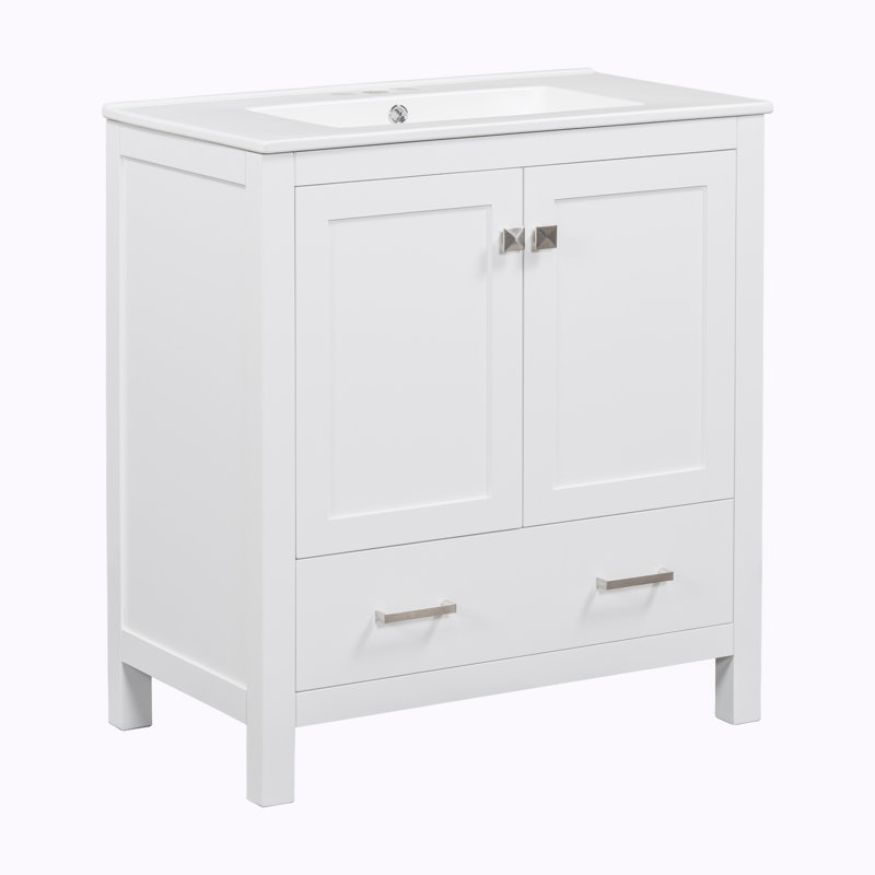 Meuble-lavabo simple 30 po avec plateau en céramique Marycruz, Blanc, Argent