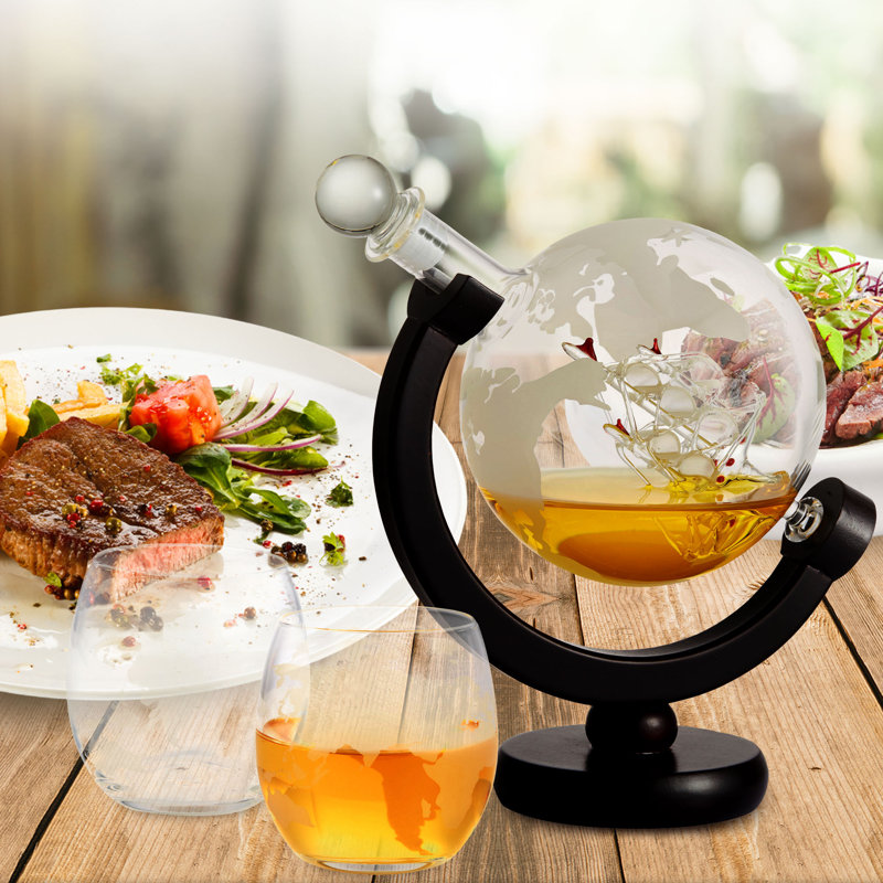 Globe  Whiskey Decanter And 2 Cups Set With Wood Base