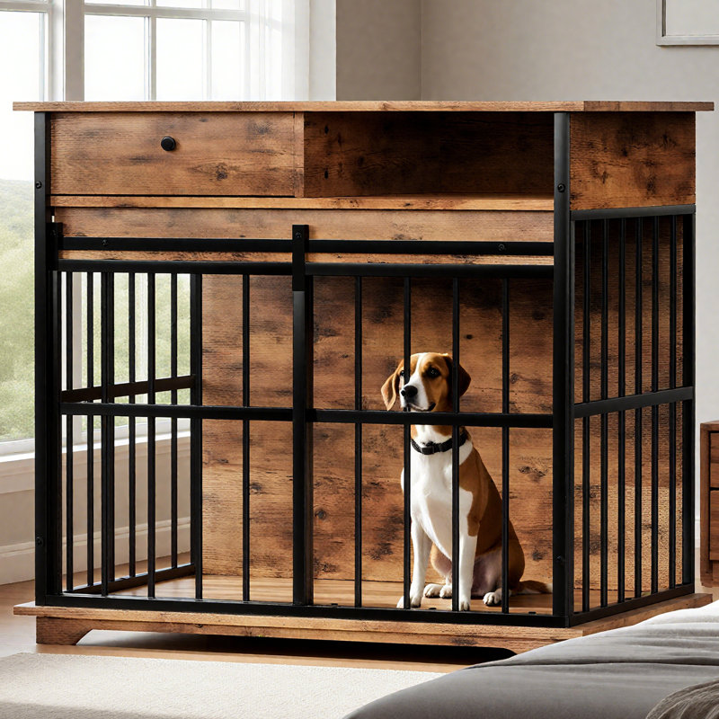 Safe Dog Cage With Solid Wood Top, 69.27 Lb, Good For Puppies And Secure Kennel Rounded Bars, 34.67 Inches Long, Indoor Use