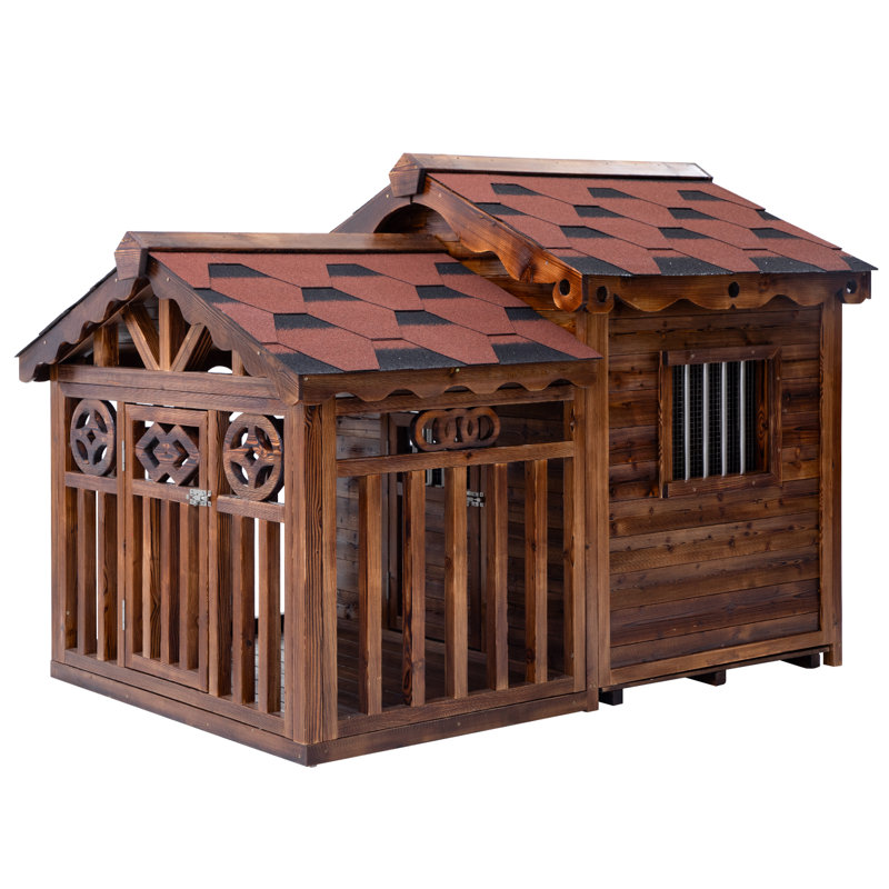 Niche pour chien d'extérieur en bois massif avec cage de patio, H 49 po x l 66 po x P 47 po