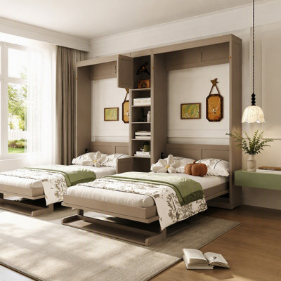 Dual Twin size Wall Murphy Beds with Cabinets and Shelves