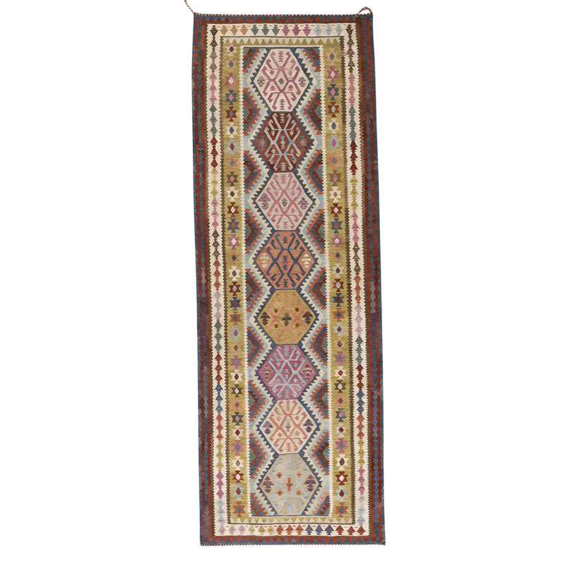 Tapis unique beige, rouge, bleu et rose de 3 pi 5 po x 9 pi 9 po