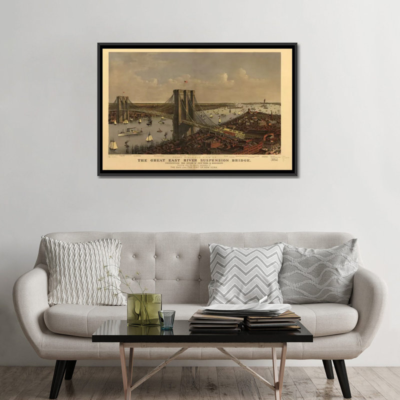 Impression sur toile, pont de Brooklyn, vue d'oiseau, 1885, H 18 po x l 26 po x P 1,5 po, Toile avec cadre noir, Pas de tapis