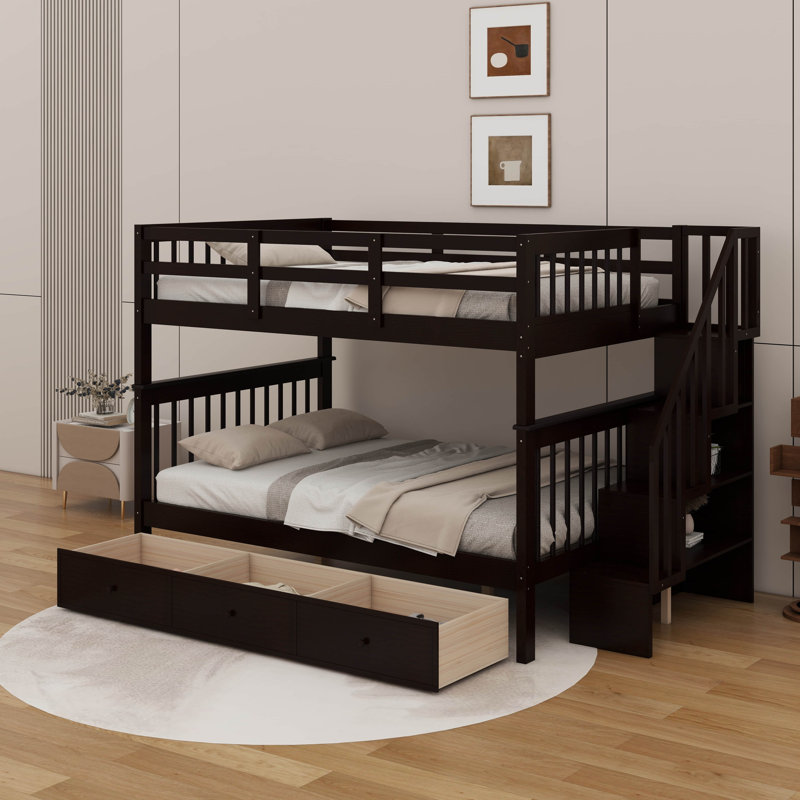 Lit superposé double avec tiroirs, escalier de rangement et garde-corps, convertible en 2 lits séparés, Espresso