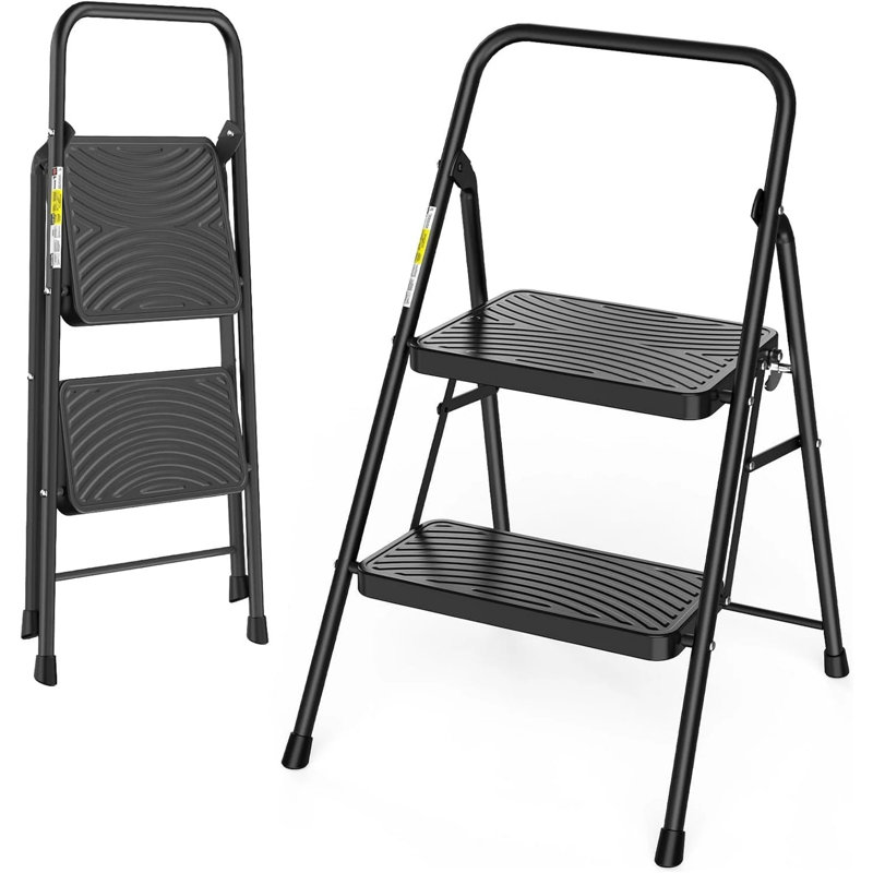 Échelle 2 marches, escabeau pliant pour adultes avec large pédale antidérapante, tabouret portatif robuste à 2 marches, léger, noir