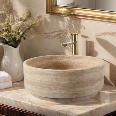 Natural Travertine Stone Round Bathroom Vessel Sink,16 inch Beige Marble Bathroom Sink, Vanity Bowl Basin