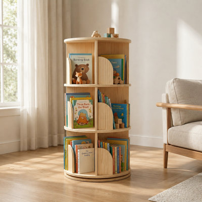 3 Tier Rotating Bookshelf, Round Floor Standing Bookcase with 360 Degree Spinning Design, Wooden Storage Display Shelf