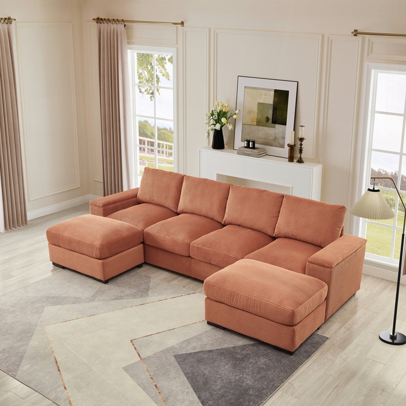 Canapé modulaire avec repose-pieds en velours côtelé rembourré pour le salon, Orange