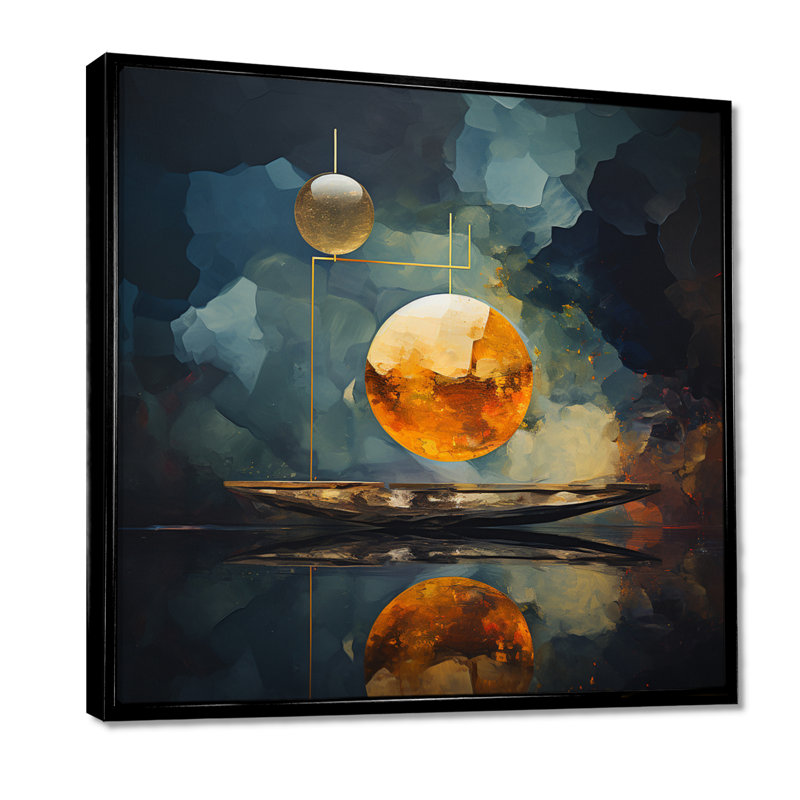 Golden Moon Mystic Night - art mural géométrique, Toile avec cadre flottant noir, H 16 po x l 16 po x P 1 po