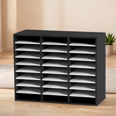 Particle Board Literature Organizer, Office Home School File and Mail Storage, Jet Black, 27 Compartments with Adjustable Removable Shelves