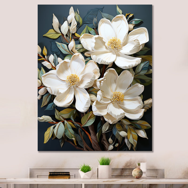Blanc blanc jaune Magnolias - Patchwork de magnolia encadré, Toile tendue, H 40 po x l 30 po x P 1,5 po