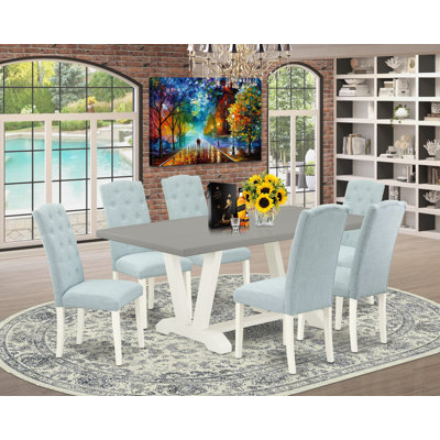 Ensemble de table de salle à manger 7 pièces - 6 chaises de salle à manger Parson avec siège en tissu lin bleu bébé et dossier capitonné à boutons - Plateau de table rectangulaire en ciment et pieds en bois - Lin brossé blanc